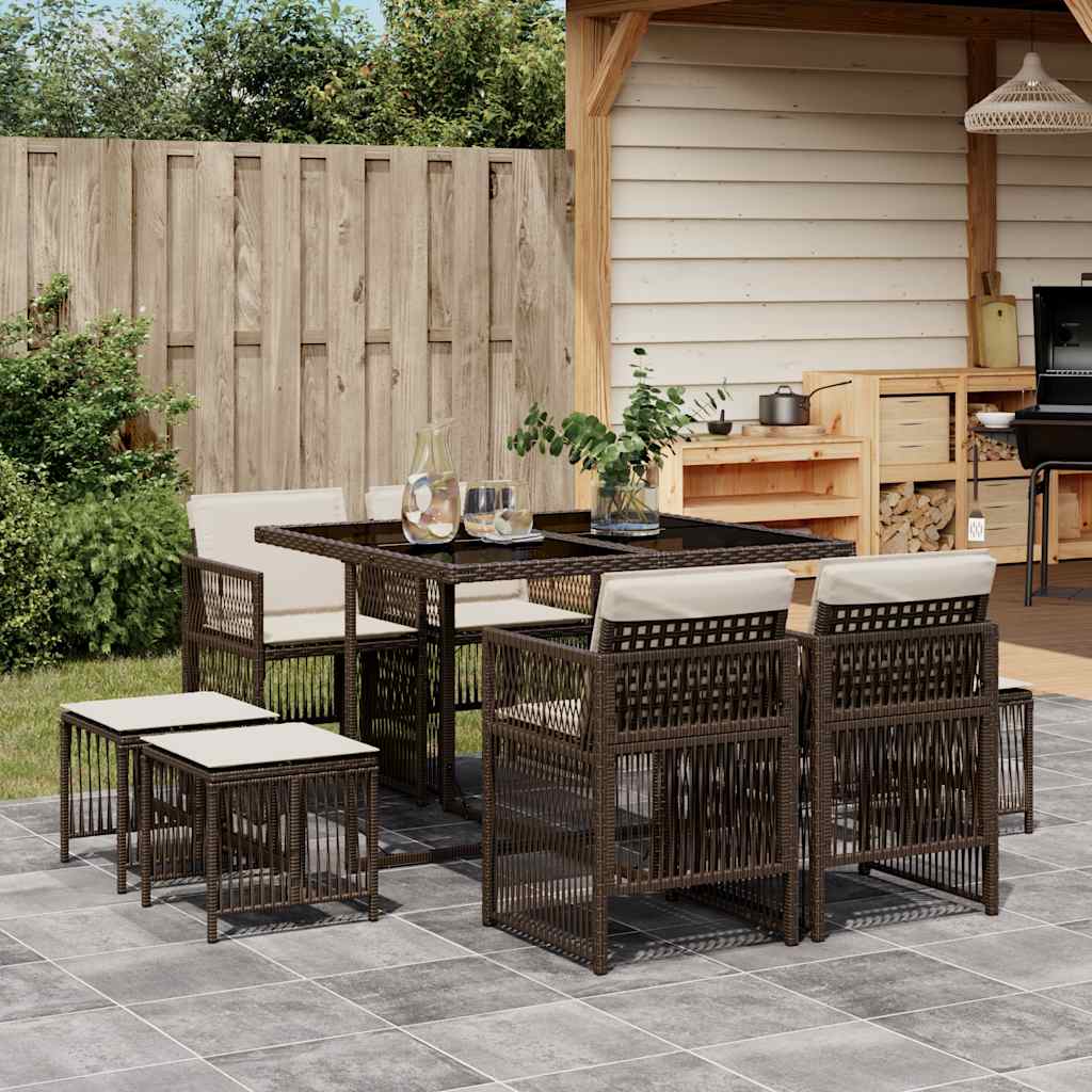 9-tlg. Garten-Essgruppe mit Kissen Schwarz Poly Rattan
