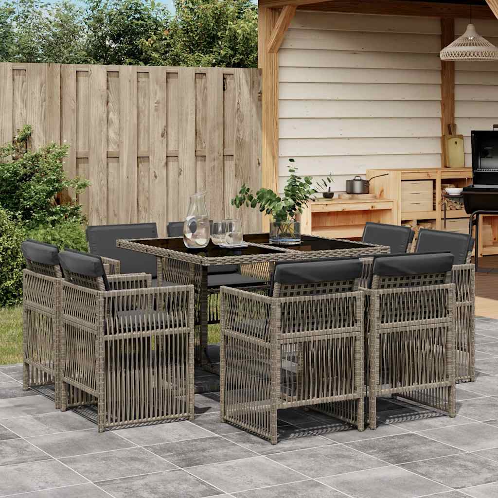 9-tlg. Garten-Essgruppe mit Kissen Schwarz Poly Rattan
