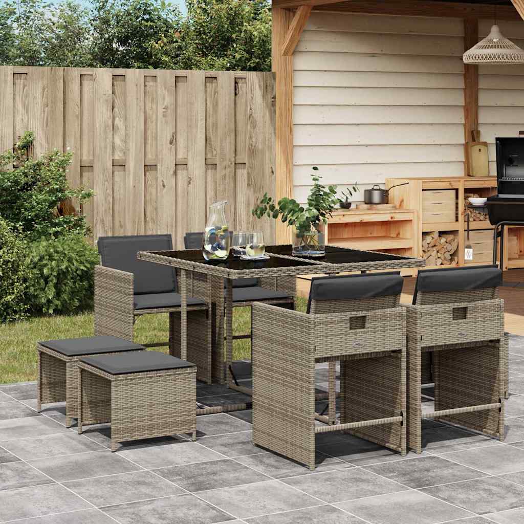 9-tlg. Garten-Essgruppe mit Kissen Schwarz Poly Rattan