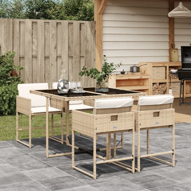 5-tlg. Garten-Essgruppe mit Kissen Schwarz Poly Rattan
