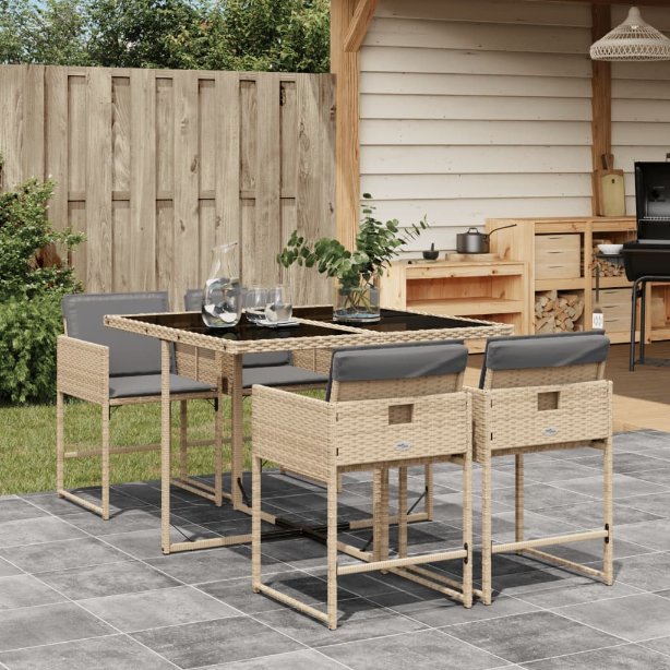 5-tlg. Garten-Essgruppe mit Kissen Schwarz Poly Rattan