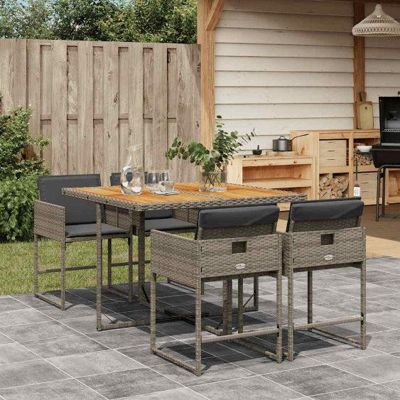 5-tlg. Garten-Essgruppe mit Kissen Schwarz Poly Rattan
