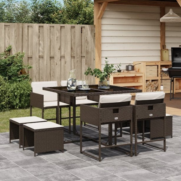 9-tlg. Garten-Essgruppe mit Kissen Schwarz Poly Rattan