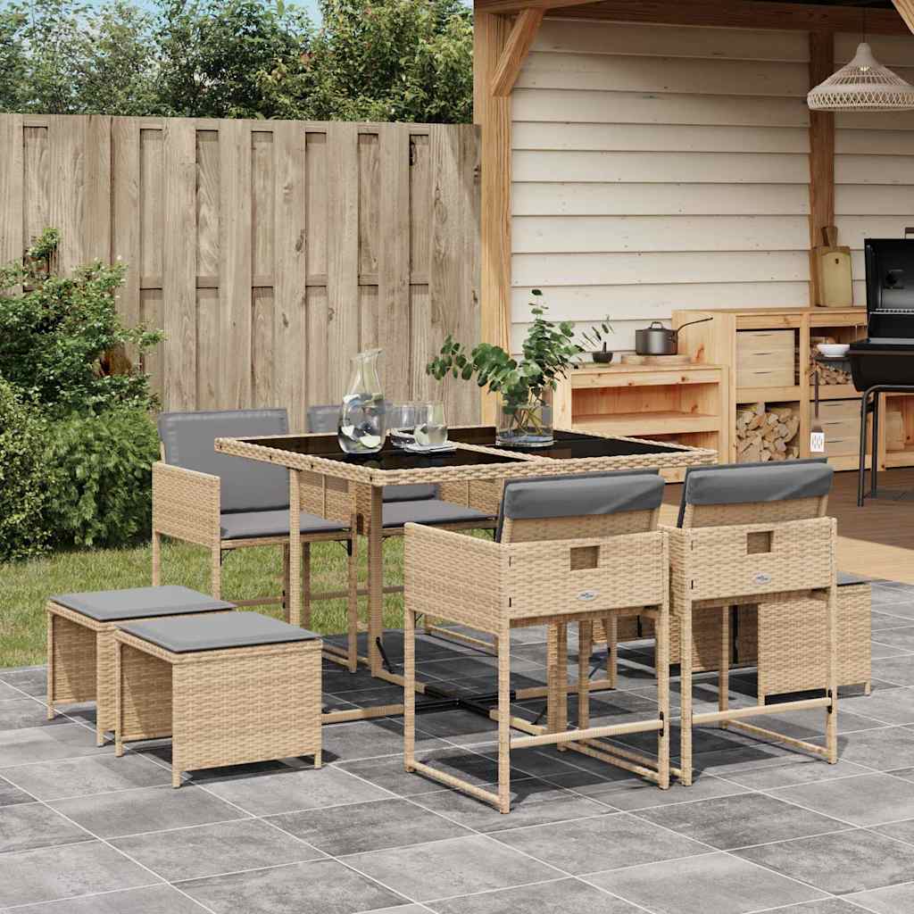 9-tlg. Garten-Essgruppe mit Kissen Schwarz Poly Rattan