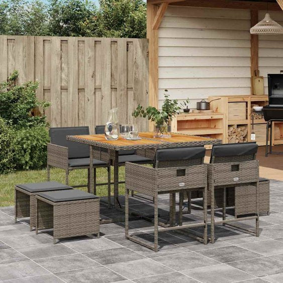 9-tlg. Garten-Essgruppe mit Kissen Schwarz Poly Rattan