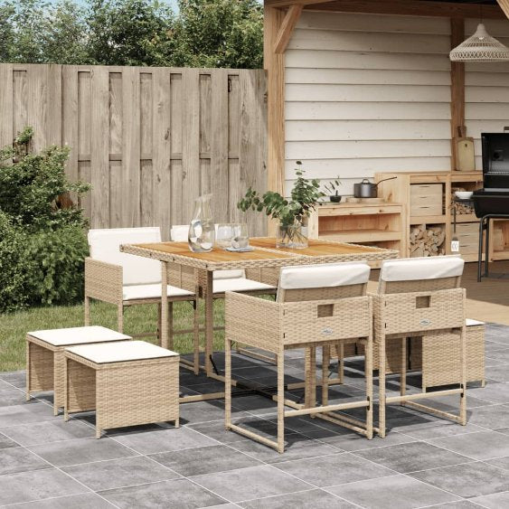 9-tlg. Garten-Essgruppe mit Kissen Schwarz Poly Rattan