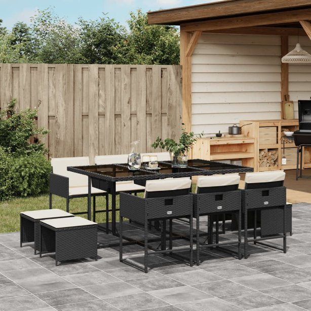 9-tlg. Garten-Essgruppe mit Kissen Schwarz Poly Rattan