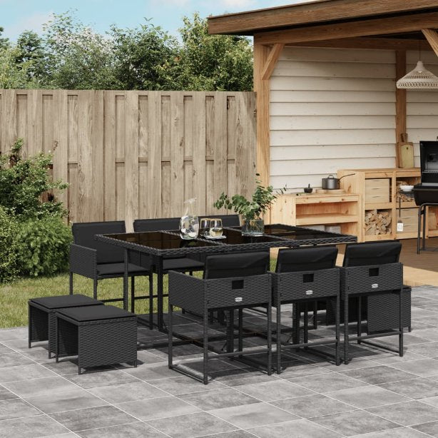 9-tlg. Garten-Essgruppe mit Kissen Schwarz Poly Rattan