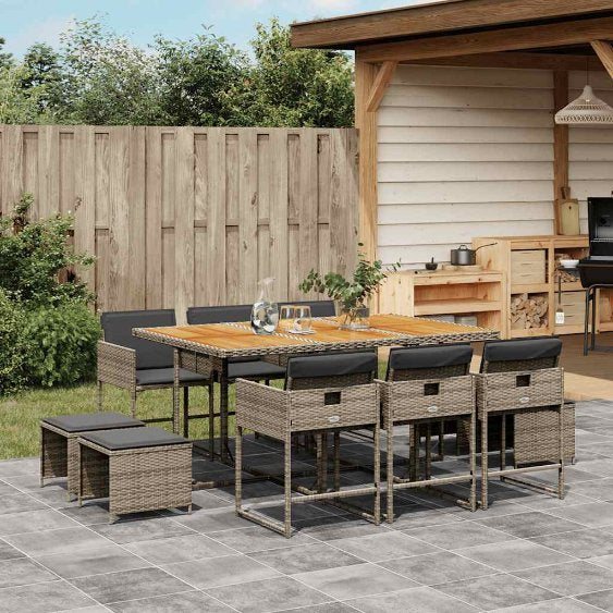 9-tlg. Garten-Essgruppe mit Kissen Schwarz Poly Rattan
