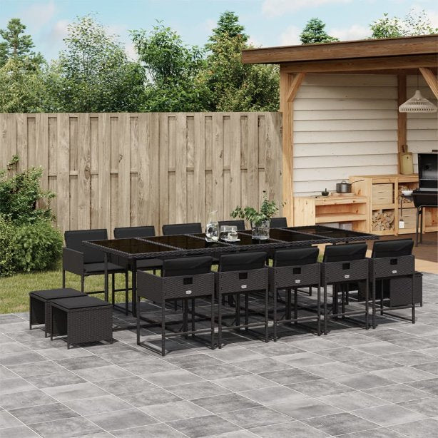 9-tlg. Garten-Essgruppe mit Kissen Schwarz Poly Rattan