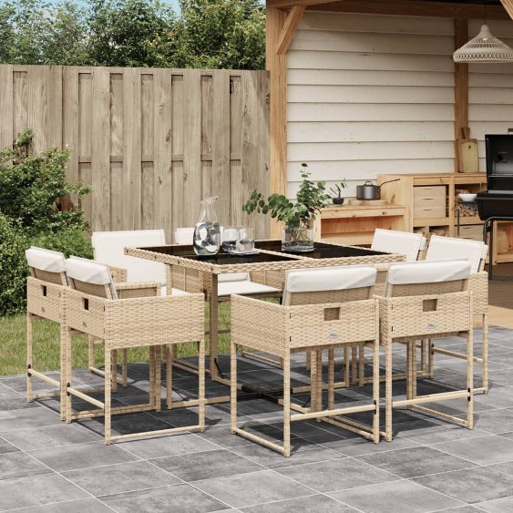 9-tlg. Garten-Essgruppe mit Kissen Schwarz Poly Rattan