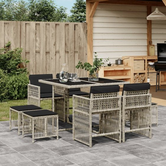 9-tlg. Garten-Essgruppe mit Kissen Schwarz Poly Rattan