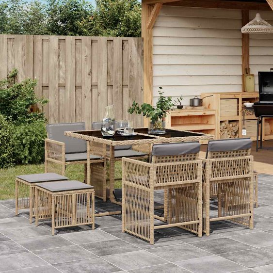 9-tlg. Garten-Essgruppe mit Kissen Schwarz Poly Rattan