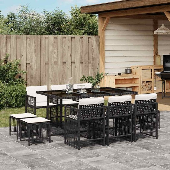 9-tlg. Garten-Essgruppe mit Kissen Schwarz Poly Rattan