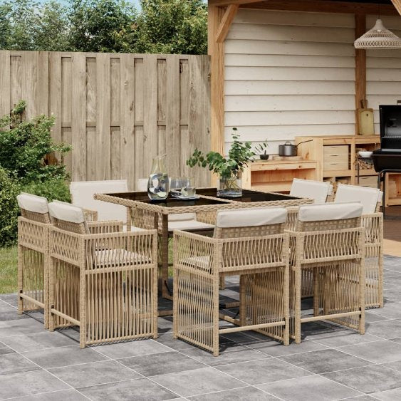 9-tlg. Garten-Essgruppe mit Kissen Schwarz Poly Rattan