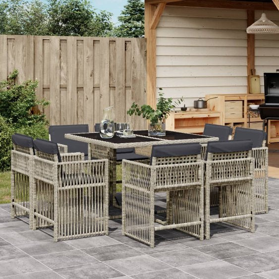 9-tlg. Garten-Essgruppe mit Kissen Schwarz Poly Rattan