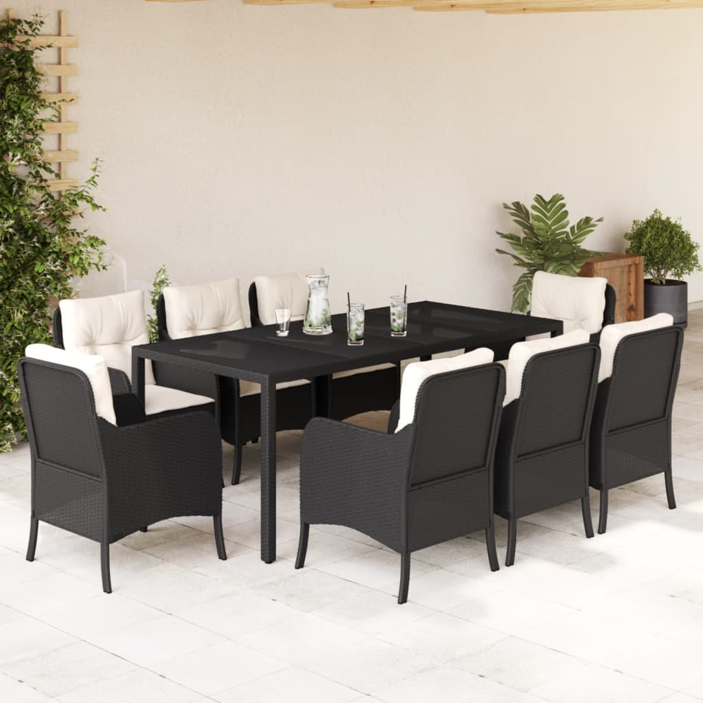 3-tlg. Garten-Essgruppe mit Kissen Schwarz Poly Rattan