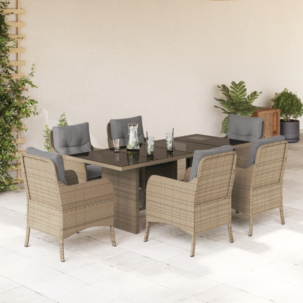7-tlg. Garten-Essgruppe mit Kissen Schwarz Poly Rattan