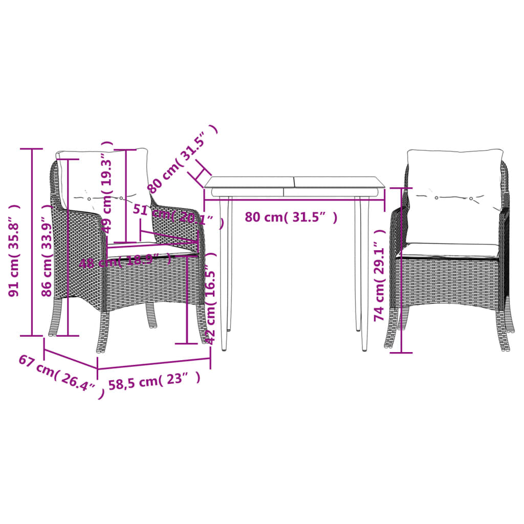 3-tlg. Garten-Essgruppe mit Kissen Schwarz Poly Rattan