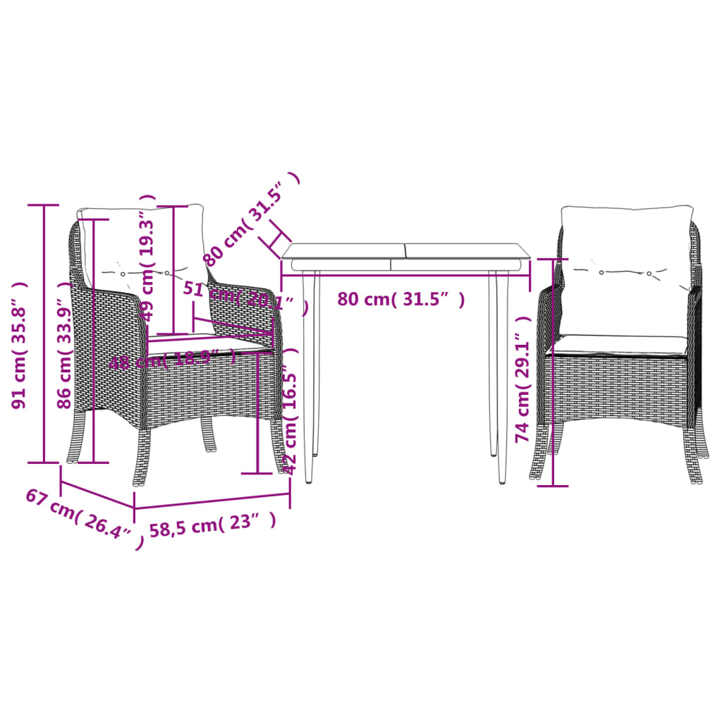 3-tlg. Garten-Essgruppe mit Kissen Beige Poly Rattan
