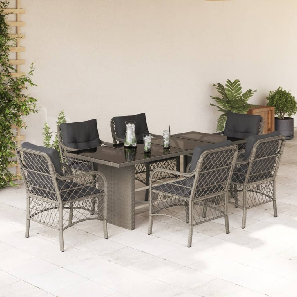7-tlg. Garten-Essgruppe mit Kissen Schwarz Poly Rattan
