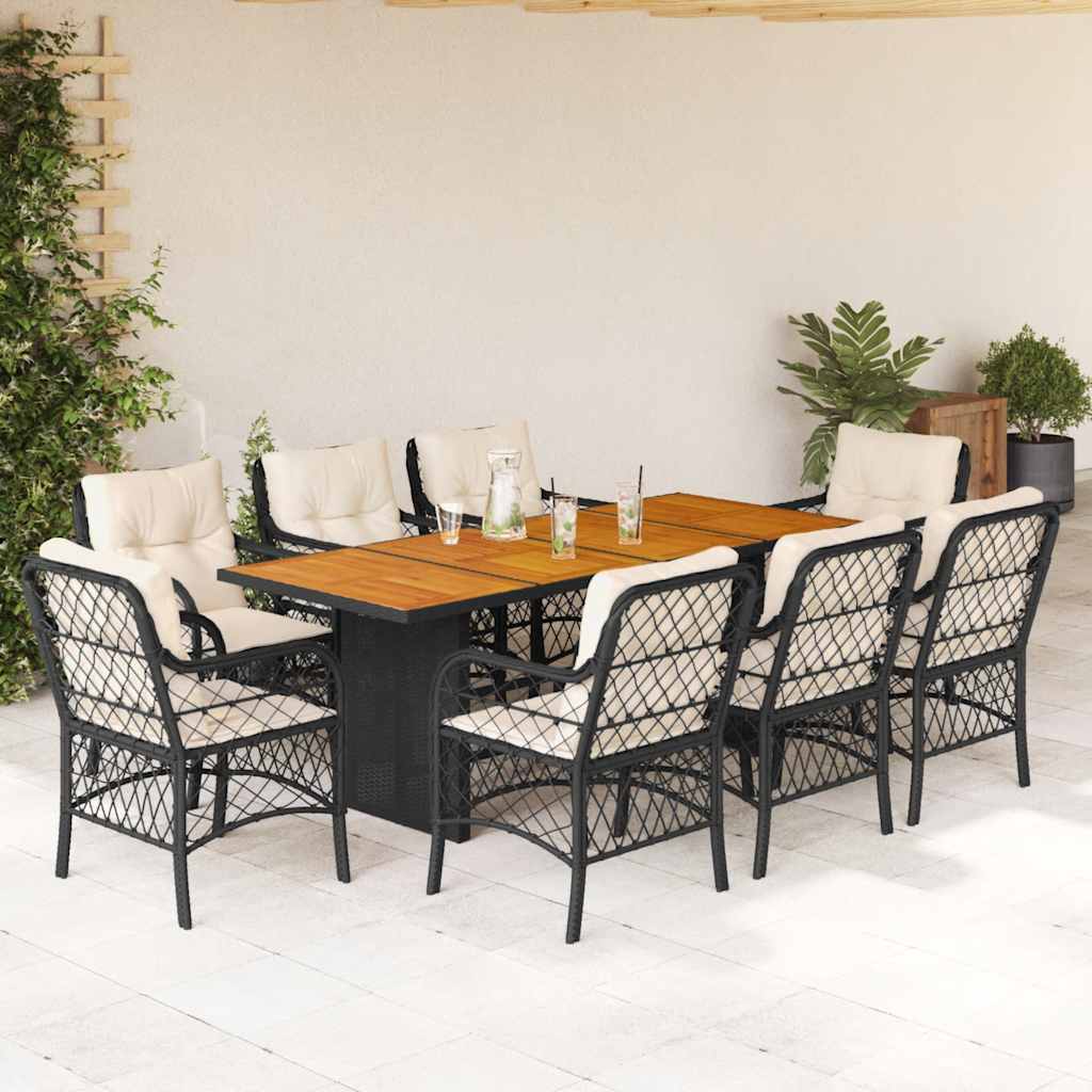 7-tlg. Garten-Essgruppe mit Kissen Schwarz Poly Rattan