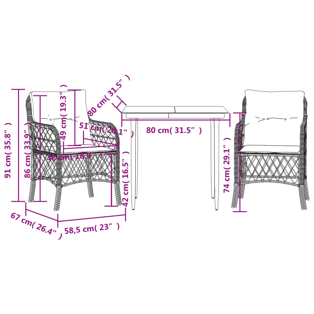 3-tlg. Bistro-Set mit Kissen Grau Poly Rattan