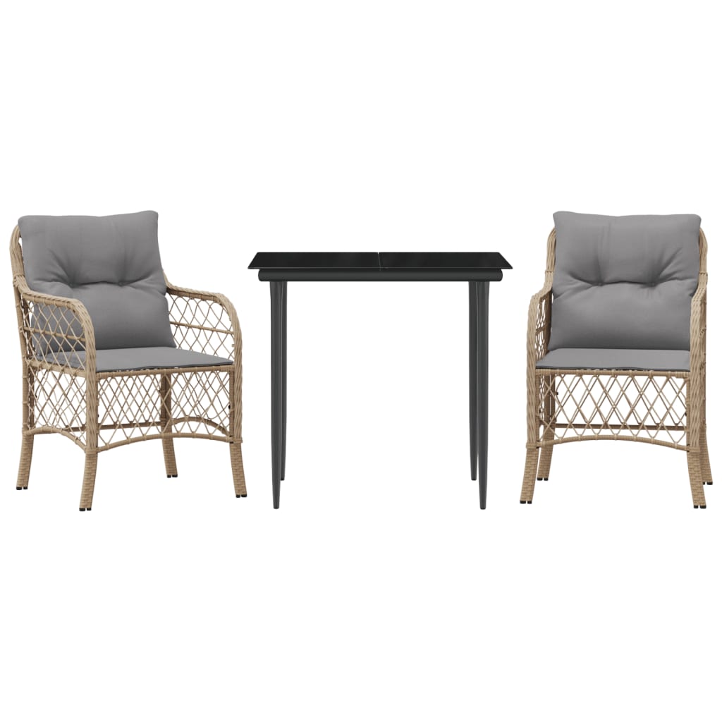3-tlg. Bistro-Set mit Kissen Beigemischung Poly Rattan