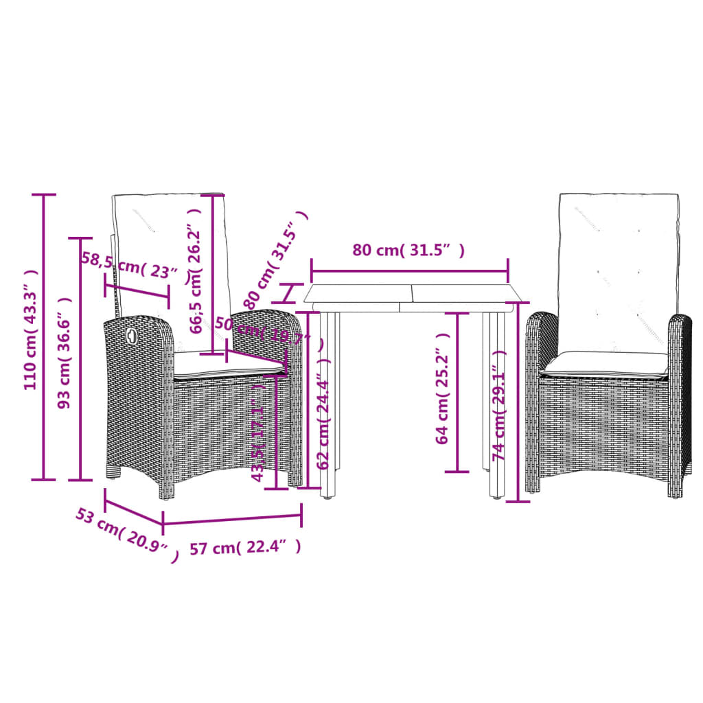 3-tlg. Garten-Essgruppe mit Kissen Schwarz Poly Rattan