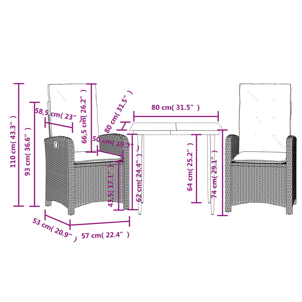 3-tlg. Garten-Essgruppe mit Kissen Grau Poly Rattan