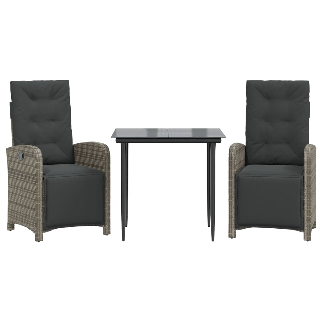 3-tlg. Bistro-Set mit Kissen Grau Poly Rattan