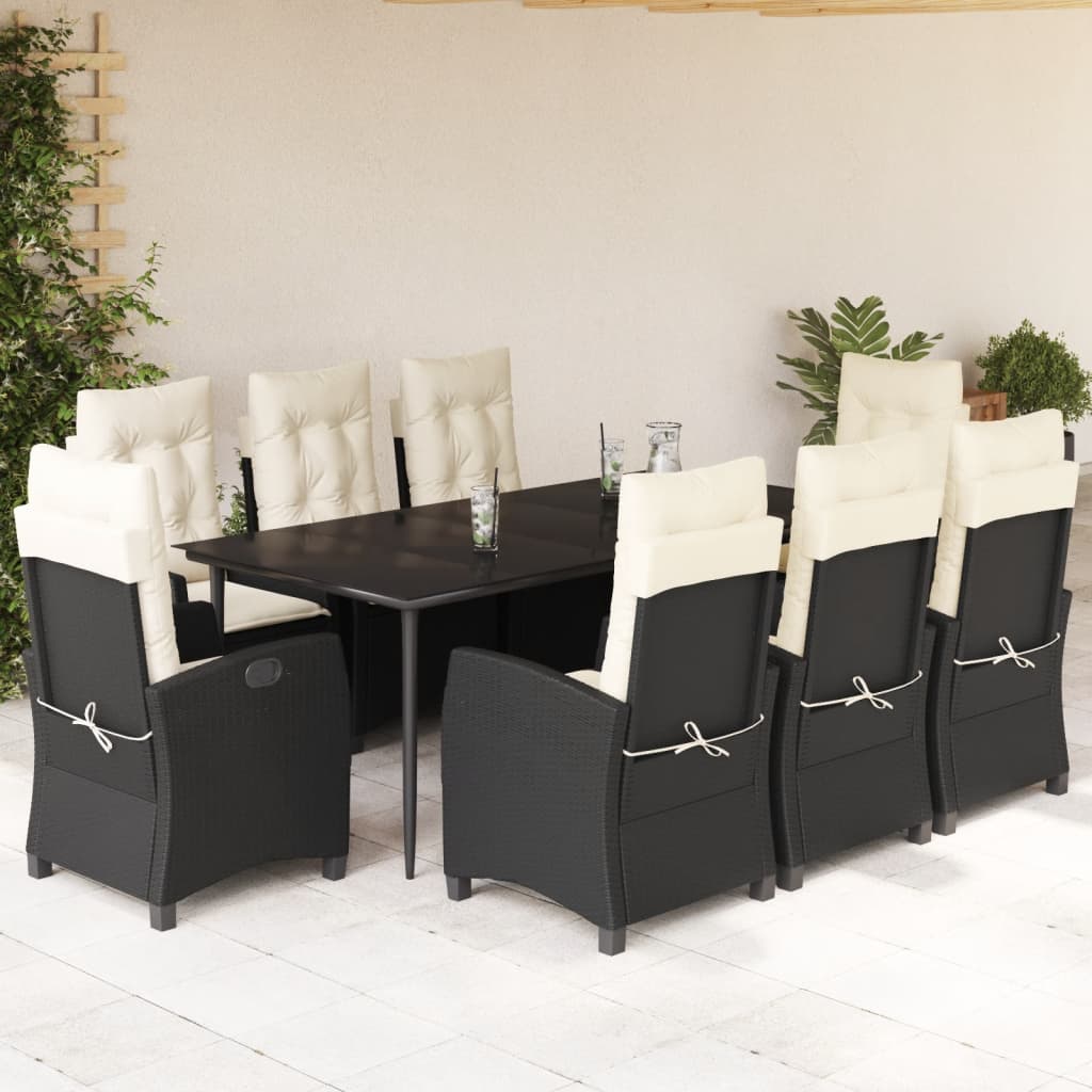 3-tlg. Garten-Essgruppe mit Kissen Schwarz Poly Rattan