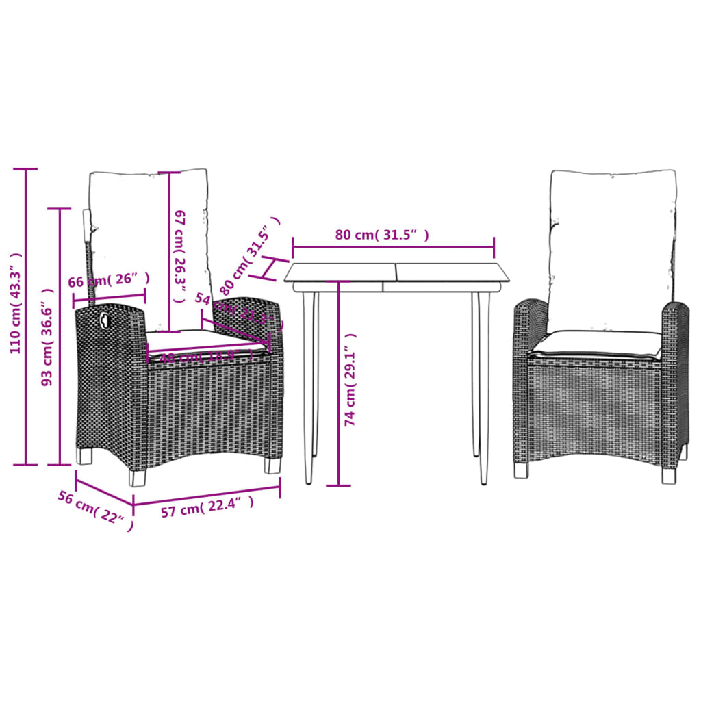 3-tlg. Garten-Essgruppe mit Kissen Braun Poly Rattan
