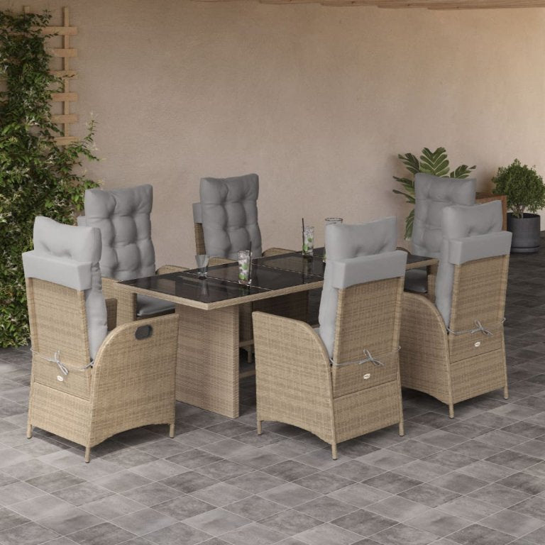 7-tlg. Garten-Essgruppe mit Kissen Schwarz Poly Rattan