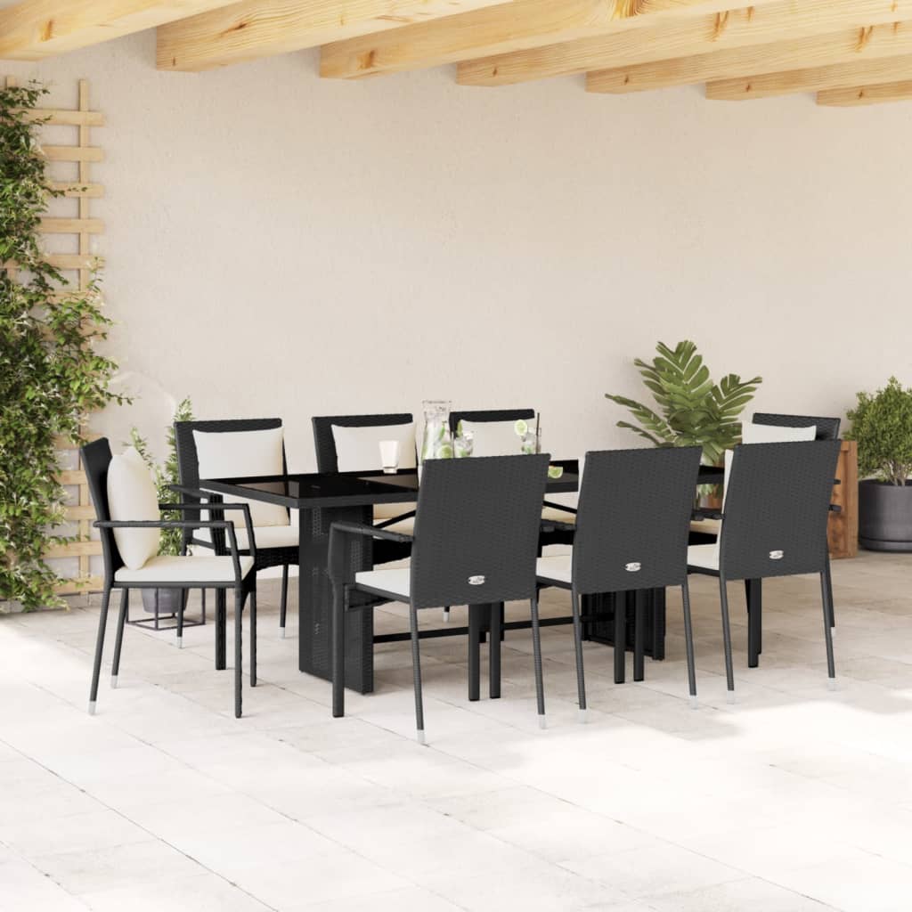 7-tlg. Garten-Essgruppe mit Kissen Schwarz Poly Rattan