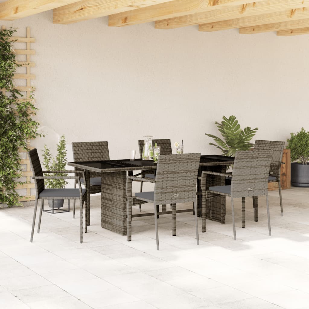 7-tlg. Garten-Essgruppe mit Kissen Schwarz Poly Rattan