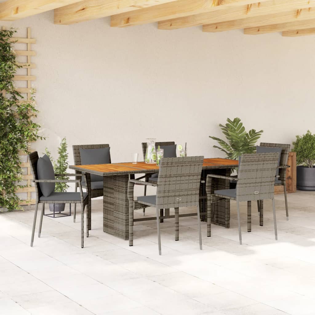 7-tlg. Garten-Essgruppe mit Kissen Schwarz Poly Rattan