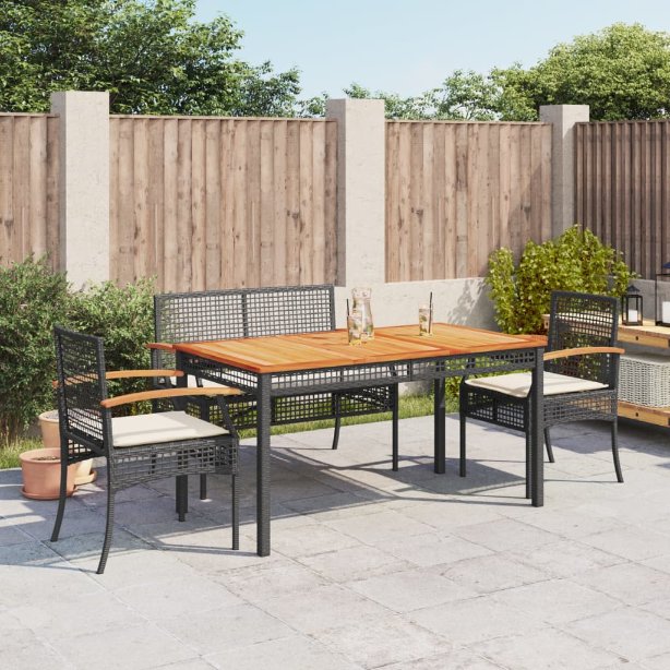 3-tlg. Garten-Essgruppe mit Kissen Schwarz Poly Rattan