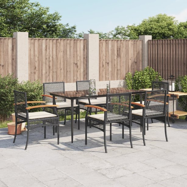 3-tlg. Garten-Essgruppe mit Kissen Schwarz Poly Rattan