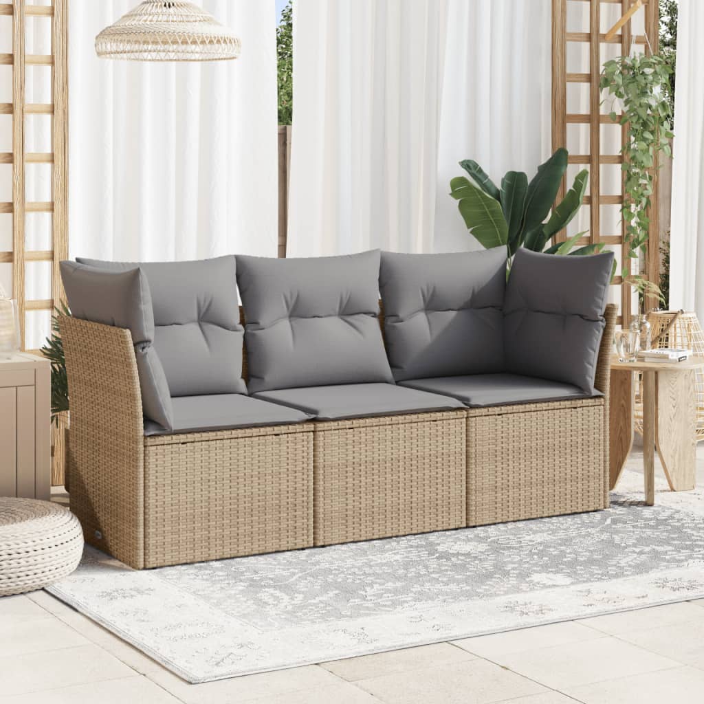 3-tlg. Garten-Sofagarnitur mit Kissen Schwarz Poly Rattan