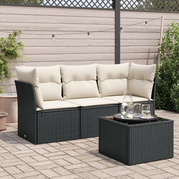 3-tlg. Garten-Sofagarnitur mit Kissen Schwarz Poly Rattan