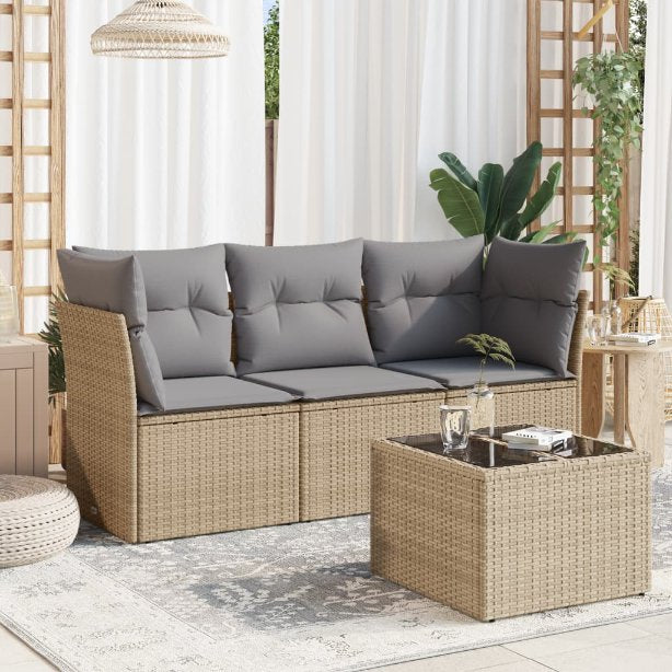 3-tlg. Garten-Sofagarnitur mit Kissen Schwarz Poly Rattan