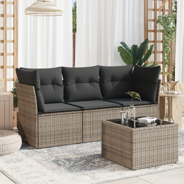 3-tlg. Garten-Sofagarnitur mit Kissen Schwarz Poly Rattan