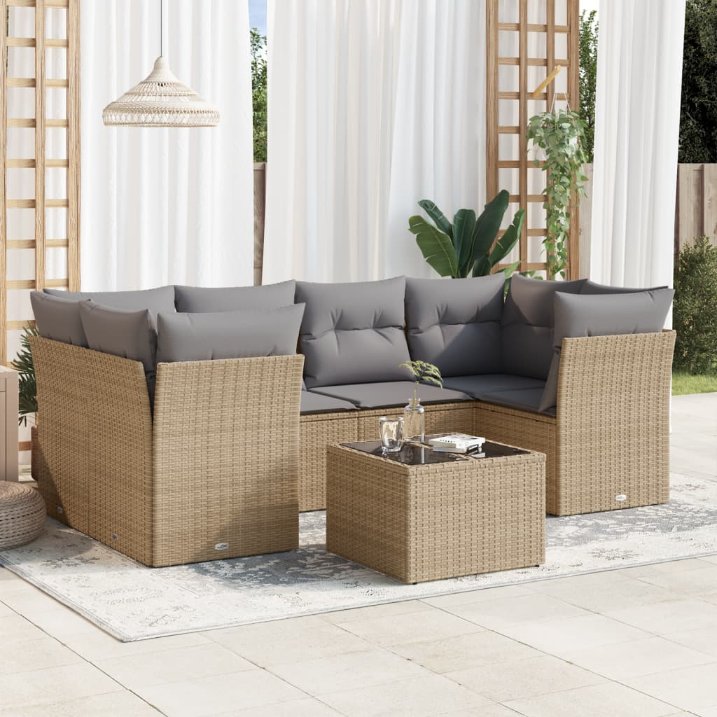 7-tlg. Garten-Sofagarnitur mit Kissen Schwarz Poly Rattan
