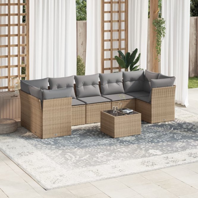 8-tlg. Garten-Sofagarnitur mit Kissen Schwarz Poly Rattan