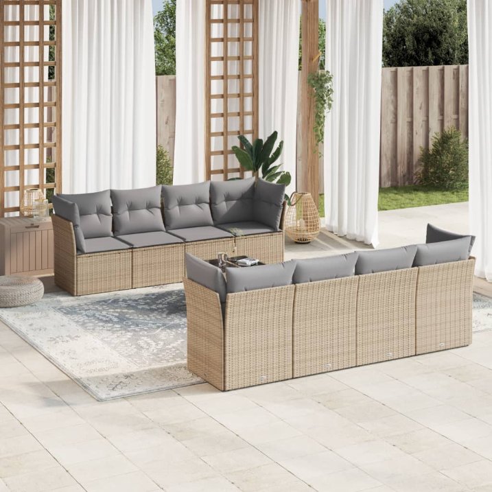 9-tlg. Garten-Sofagarnitur mit Kissen Schwarz Poly Rattan