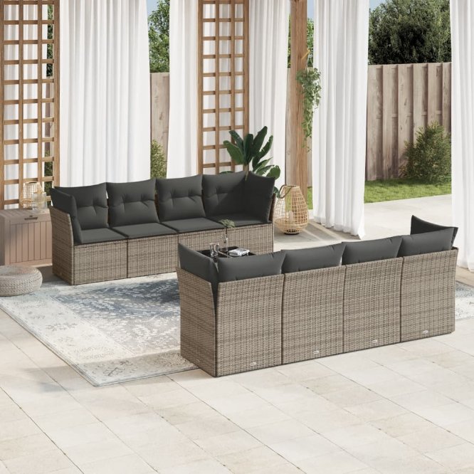 9-tlg. Garten-Sofagarnitur mit Kissen Schwarz Poly Rattan