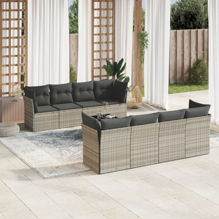 9-tlg. Garten-Sofagarnitur mit Kissen Schwarz Poly Rattan