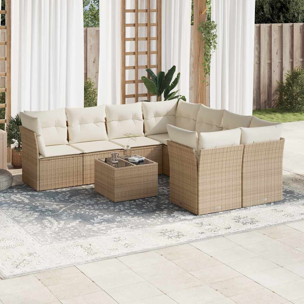 9-tlg. Garten-Sofagarnitur mit Kissen Schwarz Poly Rattan