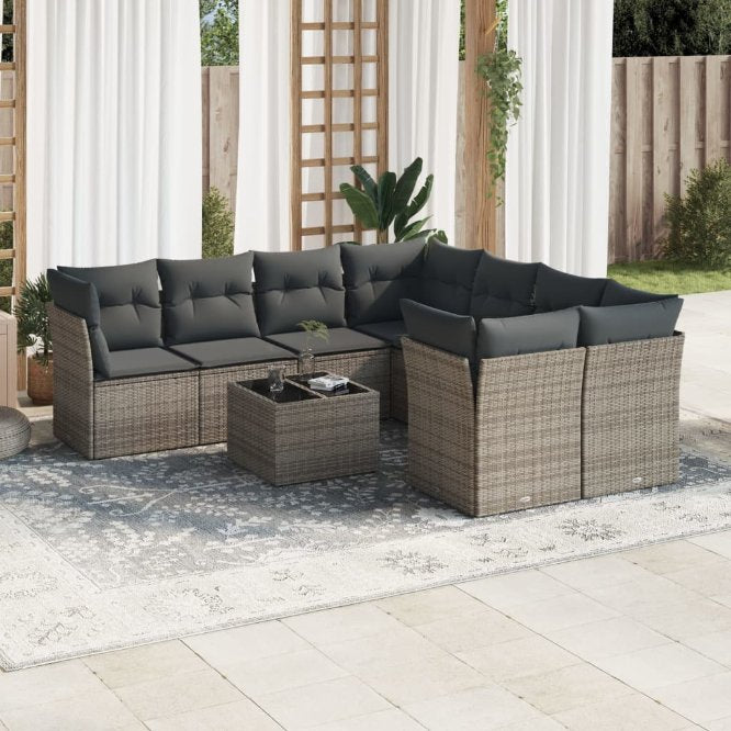 9-tlg. Garten-Sofagarnitur mit Kissen Schwarz Poly Rattan